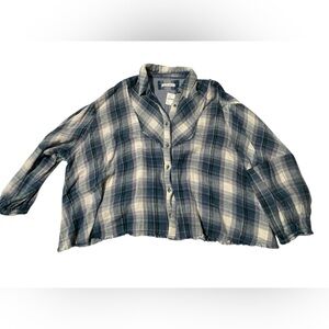 Free People Raw Edge Plaid Button-Down Shirt- Navy/Marin- Large